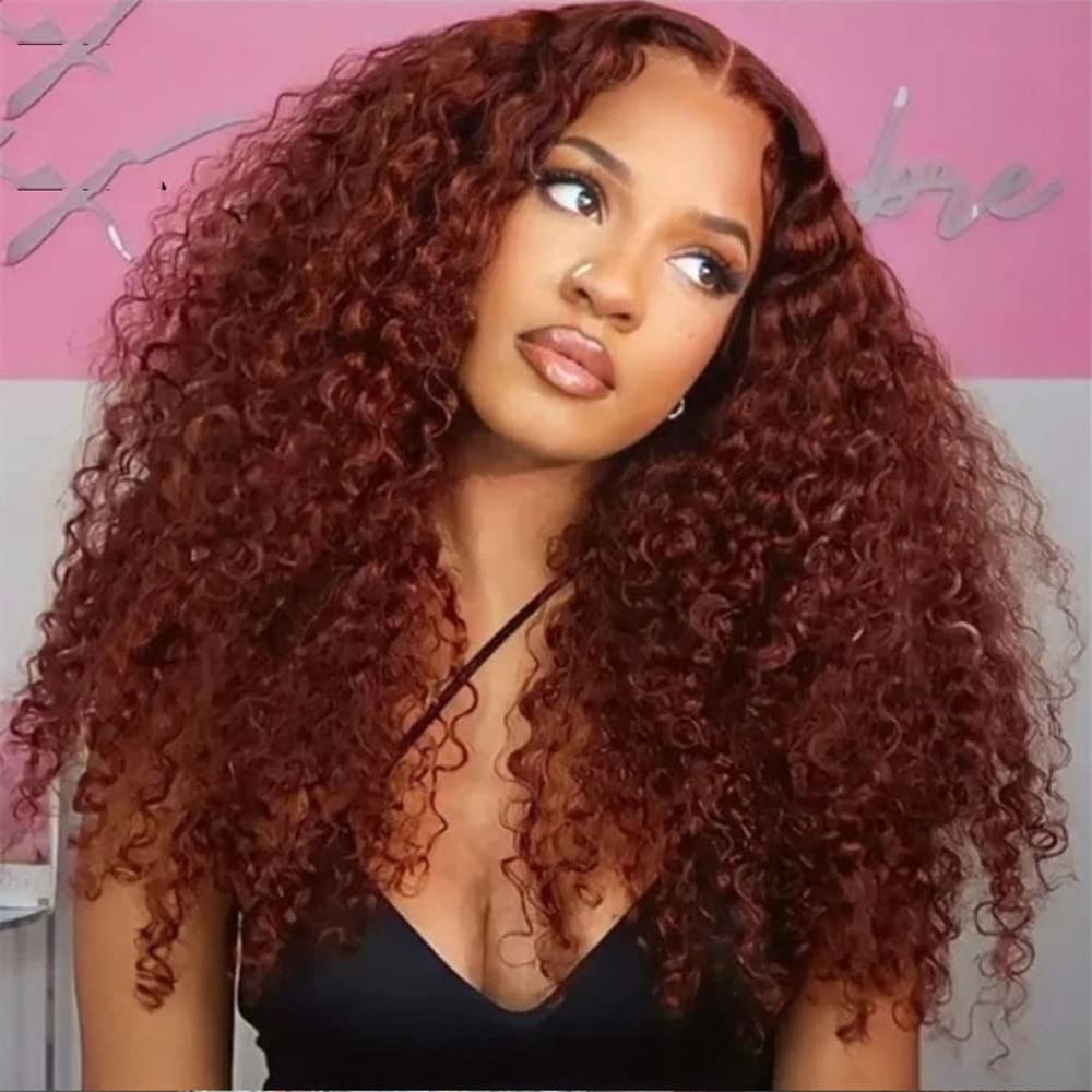 Youllyuu Reddish Brown Curly Hair 13X6 Lace Front Human Hair Wig Pre Plucked Glueless Closure Brazilian Wig Reddish Brown 14in#13x6 Lace Wig 150