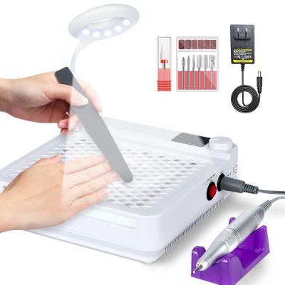 SAVILAND 3-in-1 Nail Dust Collector  Powerful Nail Vacuum Fan with Efile Nail Drill Lighting Lamp Reusable Filter Dust Collector Extractor for Manicure Nail Art Equipment Acrylic/Gel Nails Removal