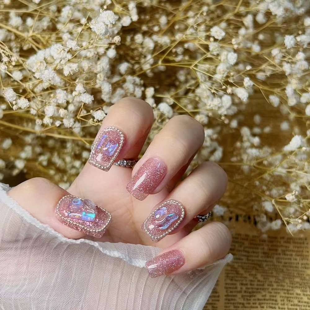 Magrace Handmade Press on Nails Medium Blue Fake Nails Long Coffin Stick on Nails for Womrn Gel UV Finish Handmade Nail Art with Design 10 pcs