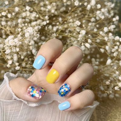 Magrace Handmade Press on Nails Medium Blue Fake Nails Long Coffin Stick on Nails for Womrn Gel UV Finish Handmade Nail Art with Design 10 pcs