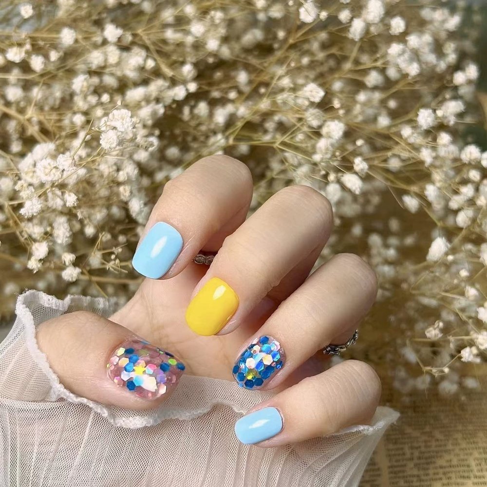 Magrace Handmade Press on Nails Medium Blue Fake Nails Long Coffin Stick on Nails for Womrn Gel UV Finish Handmade Nail Art with Design 10 pcs