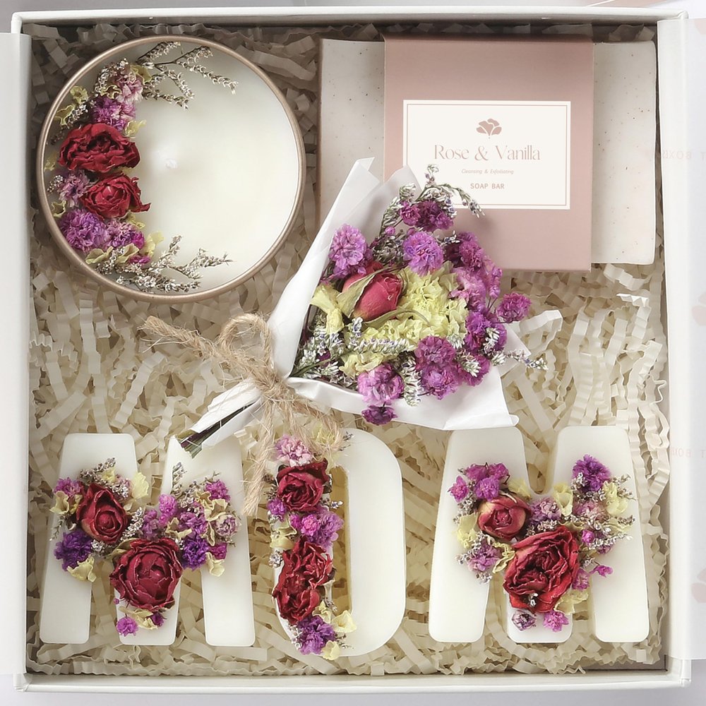 Mothers Day & Birthday Basket for Mom Luxury Gift Box with Candle, Ready to Gift Floral Keepsake, Thoughtful Mom Present from Daughter or Son