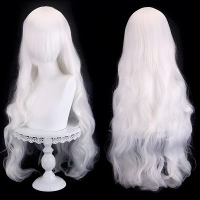 31.5 Inch Wavy Hair Wig with Bangs for Women Long Curly Synthetic Hair Multi-Function Cosplay Anime Middle Long Daily Halloween Wig (White)