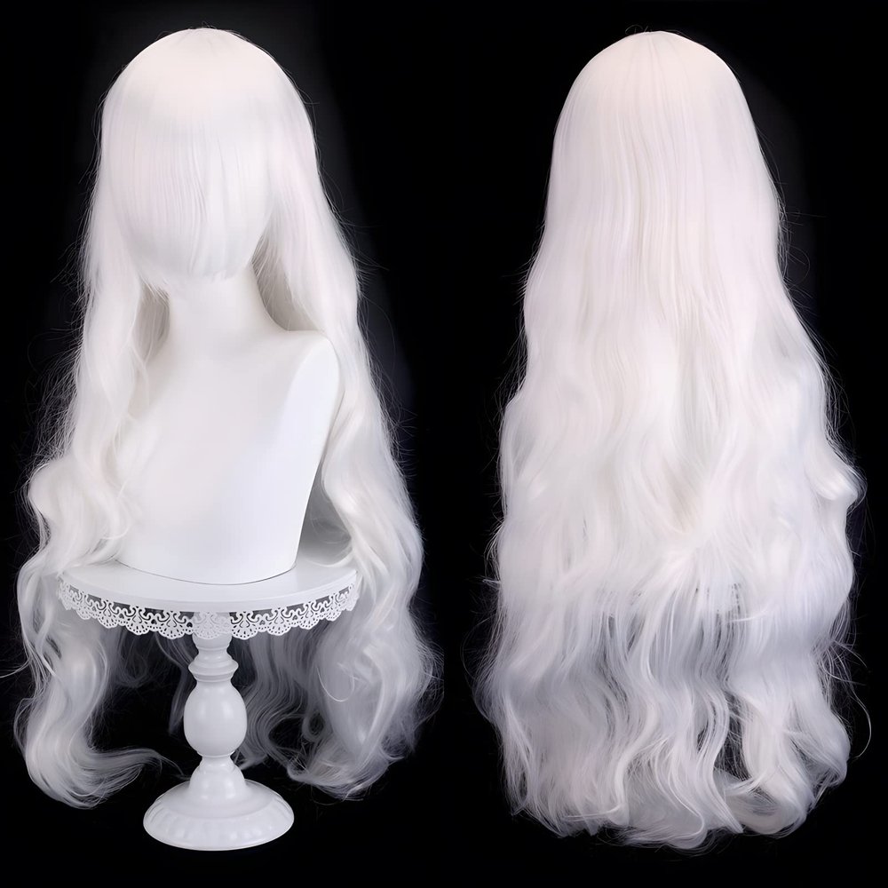 31.5 Inch Wavy Hair Wig with Bangs for Women Long Curly Synthetic Hair Multi-Function Cosplay Anime Middle Long Daily Halloween Wig (White)