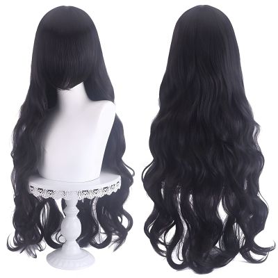 31.5 Inch Wavy Hair Wig with Bangs for Women Long Curly Synthetic Hair Multi-Function Cosplay Anime Middle Long Daily Halloween Wig (Black)