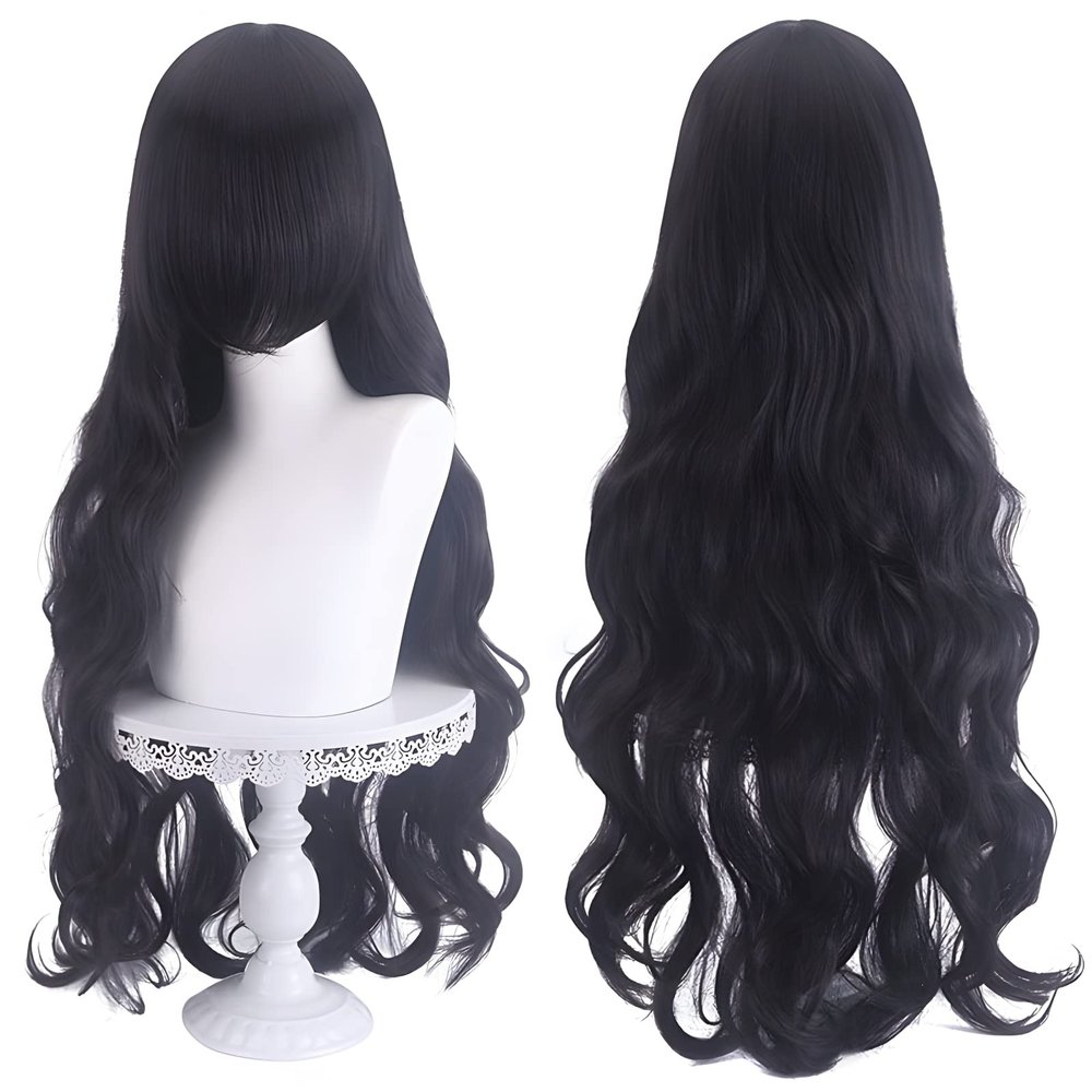 31.5 Inch Wavy Hair Wig with Bangs for Women Long Curly Synthetic Hair Multi-Function Cosplay Anime Middle Long Daily Halloween Wig (Black)