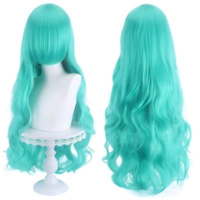 31.5 Inch Wavy Hair Wig with Bangs for Women Long Curly Synthetic Hair Multi-Function Cosplay Anime Middle Long Daily Halloween Wig (Aqua Green)