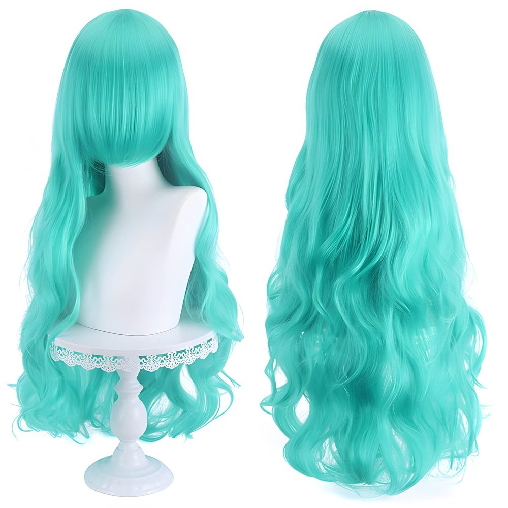 31.5 Inch Wavy Hair Wig with Bangs for Women Long Curly Synthetic Hair Multi-Function Cosplay Anime Middle Long Daily Halloween Wig (Aqua Green)