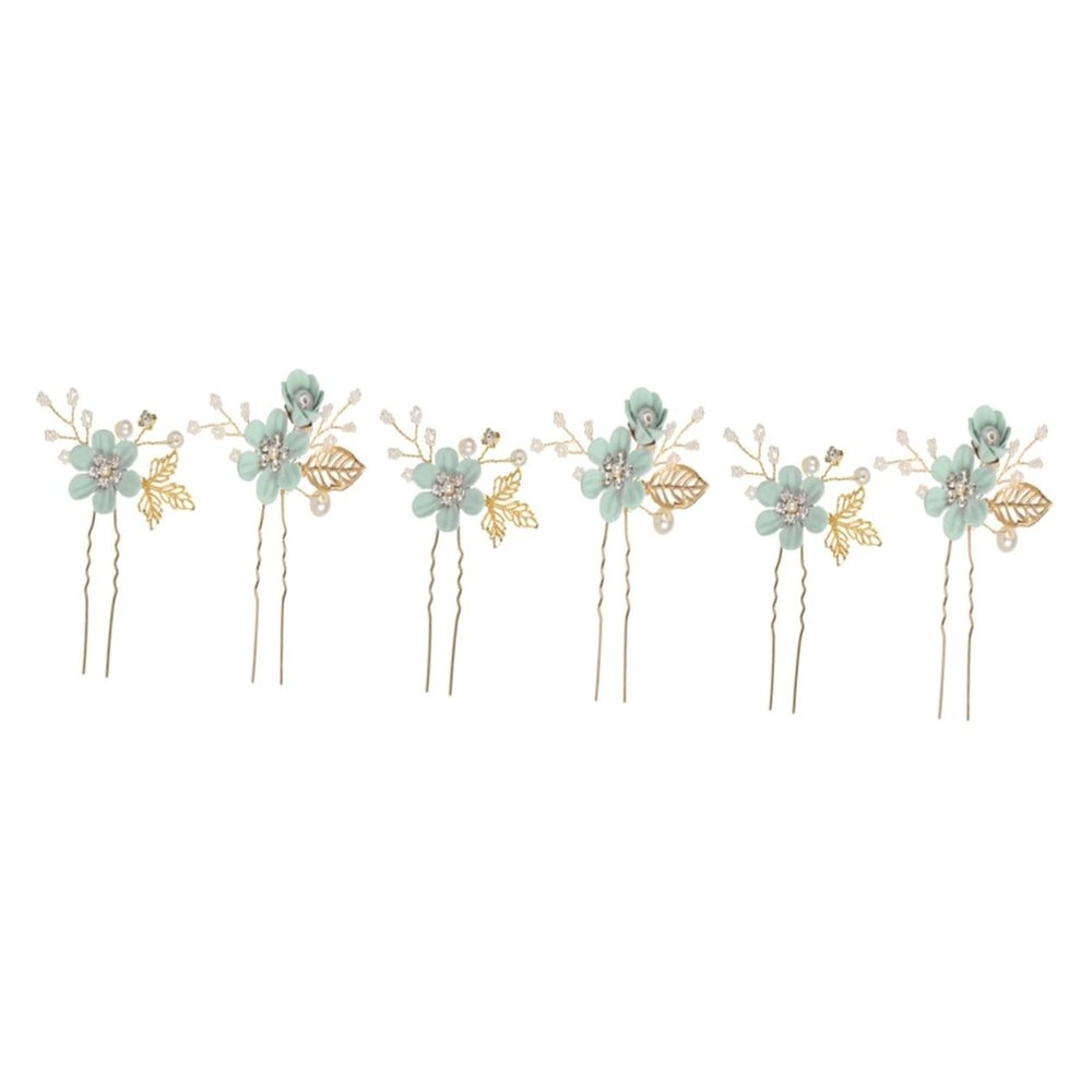Abaodam 6 pcs Delicate U-shaped Party Brides Crystal Prom Cloth Pearl Green Bridal Pins Comb Stick Jewelry Women Sticks Hairpins for Hair Clip Buns Hairpin Bride Flower Accessories