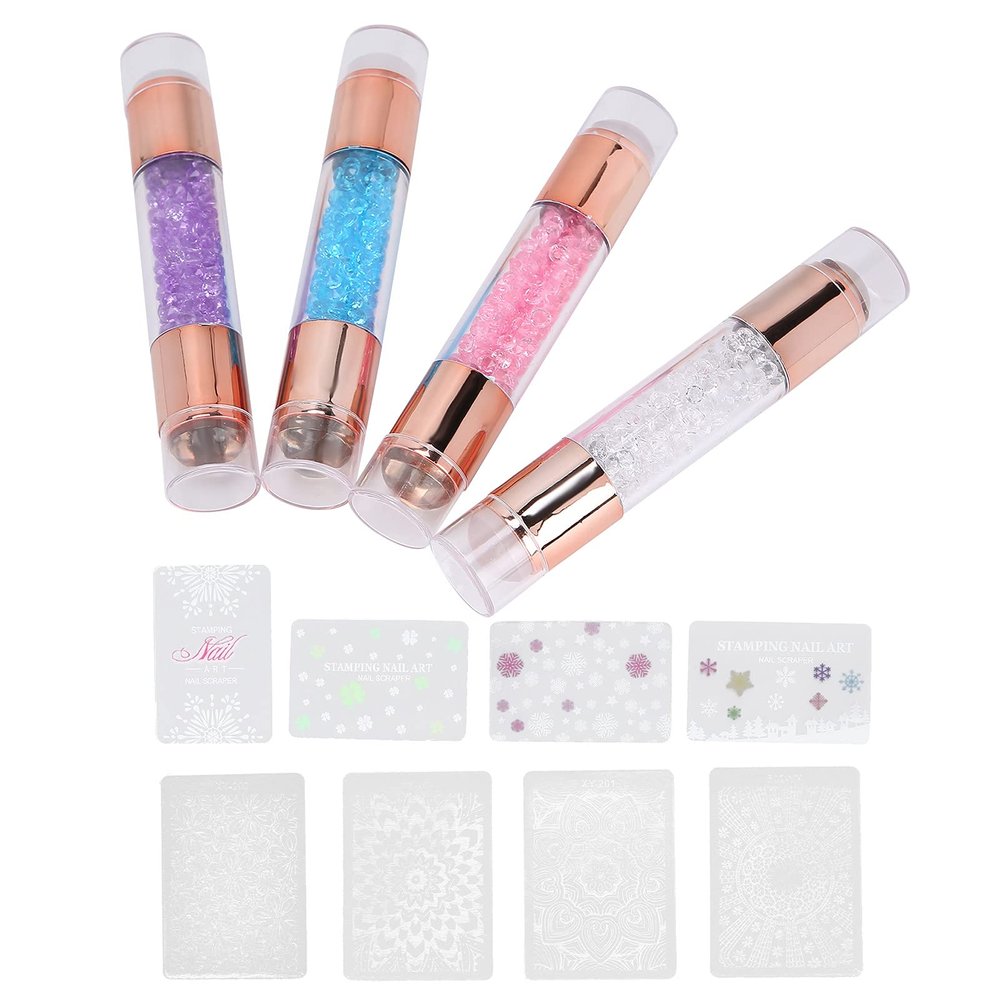 Manicure Stamping Plates, Fashionable Nail Stamper Kit 4Sets Double Ended Pen Colorful Rhinestones for Salon for Home