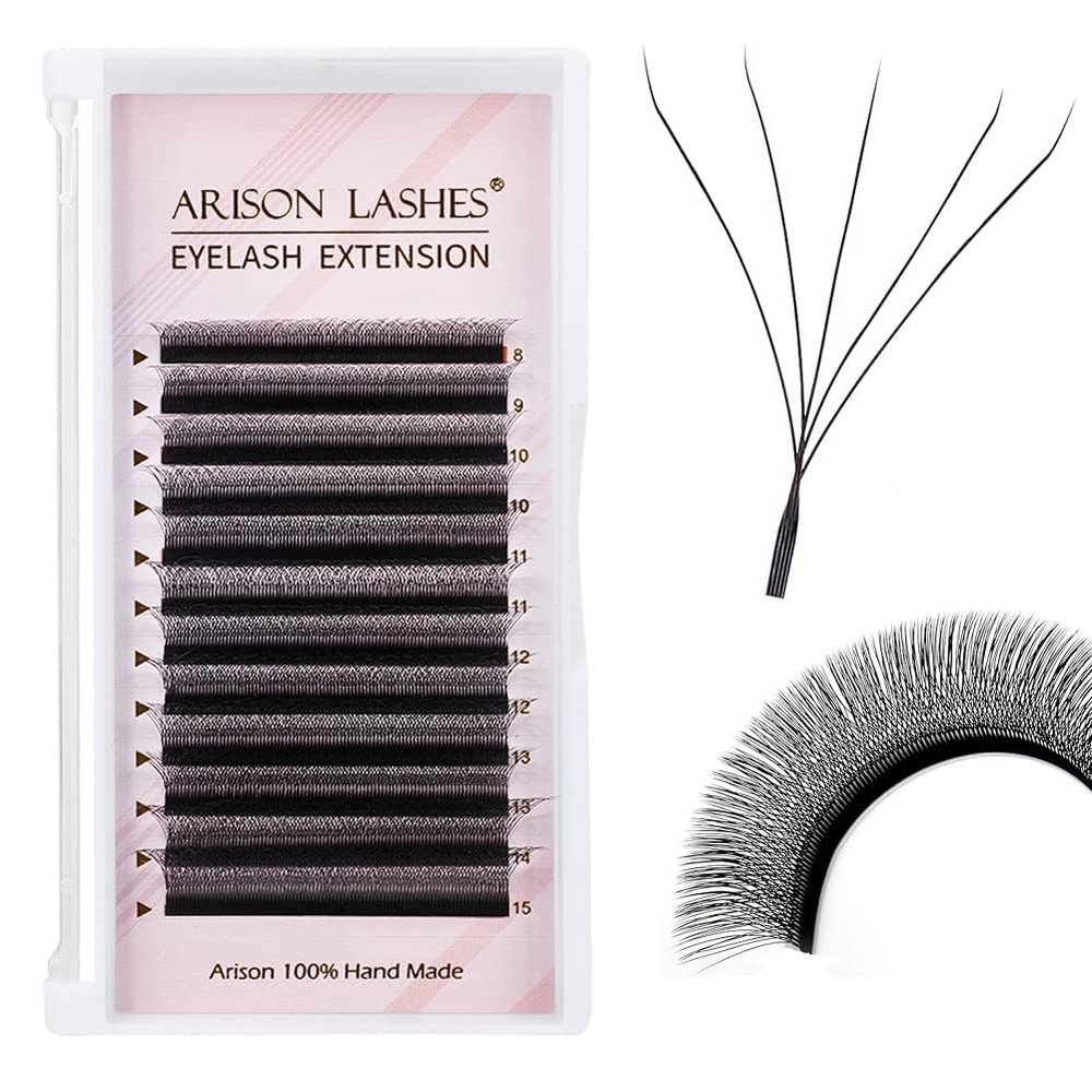 Arison Lashes 5D W Shape Eyelash Extension Natural Soft Volume Premade Fans Faux Mink Matte Black Cluster 12 rows(5DW-0.07-D-10mm)