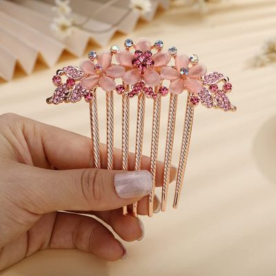 Jumwrit Crystal Flower Hair Comb Wedding Hair Clip Comb Rose Gold Long Rhinestone Floral Hair Side Comb Vintage Bride Bridesmaid Headpiece Bridal Hair Jewelry for Women Girls(Pink)