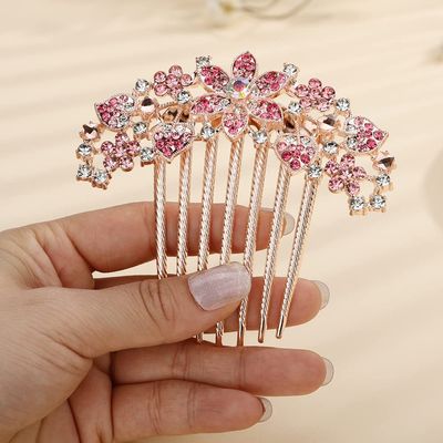 Jumwrit Crystal Bride Wedding Hair Comb Love Heart Leaf Colorful Rhinestone Flower Hair Side Comb Rose Gold Hair Clip Comb Floral Vintage Bridesmaid Headpiece Bridal Hair Jewelry for Women Girls(Pink)