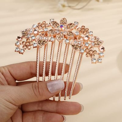 Jumwrit Crystal Bride Wedding Hair Comb Love Heart Leaf Rhinestone Flower Hair Side Comb Rose Gold Hair Clip Comb Floral Vintage Bridesmaid Headpiece Bridal Hair Jewelry for Women Girls(Champagne)