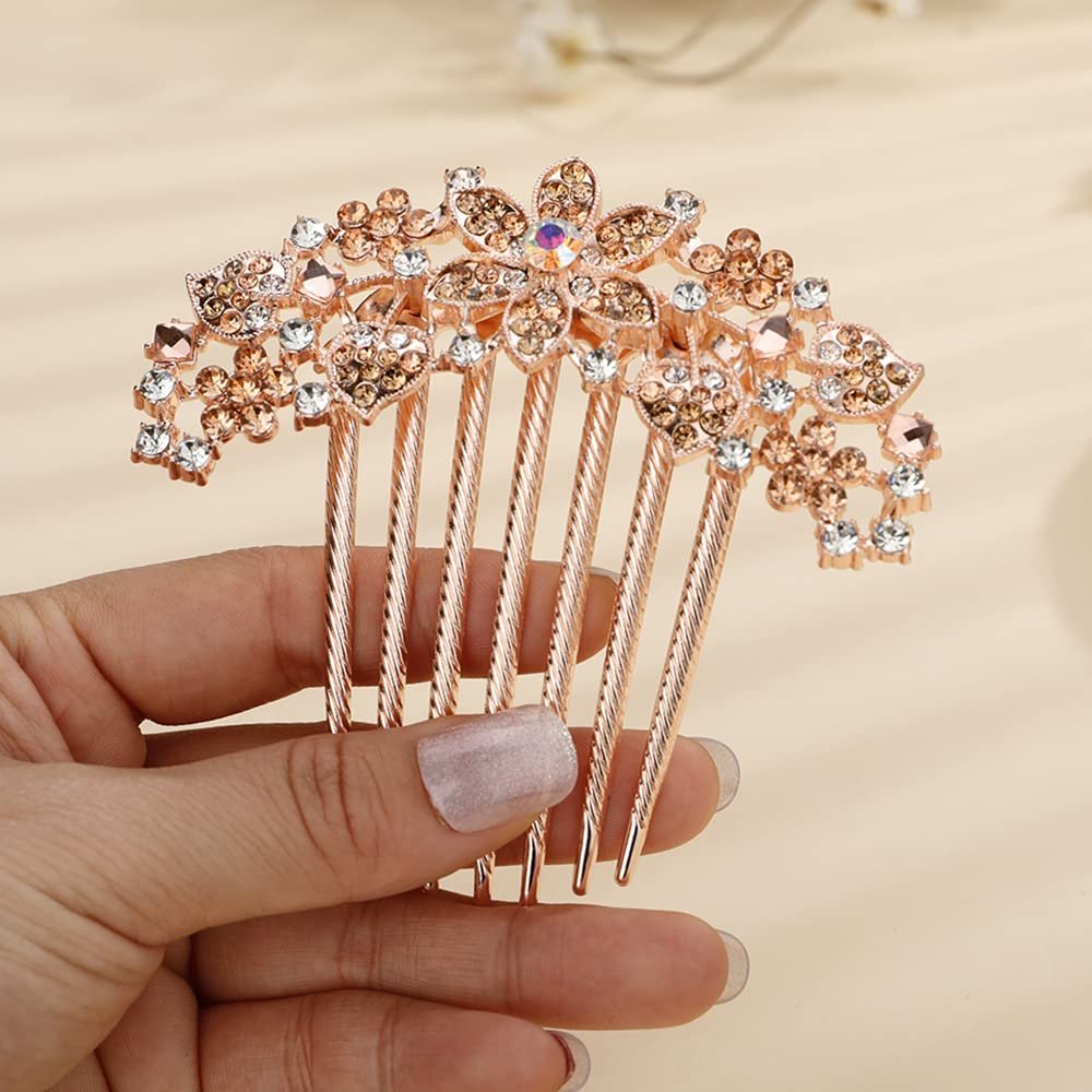 Jumwrit Crystal Bride Wedding Hair Comb Love Heart Leaf Rhinestone Flower Hair Side Comb Rose Gold Hair Clip Comb Floral Vintage Bridesmaid Headpiece Bridal Hair Jewelry for Women Girls(Champagne)