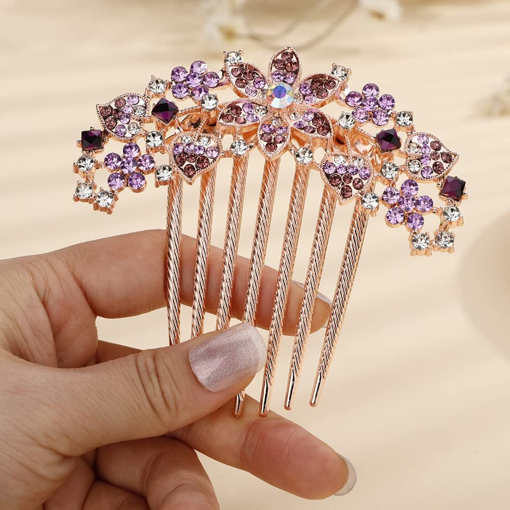 Jumwrit Crystal Bride Wedding Hair Comb Love Heart Leaf Rhinestone Flower Hair Side Comb Rose Gold Hair Clip Comb Floral Vintage Bridesmaid Headpiece Bridal Hair Jewelry for Women Girls(Purple)