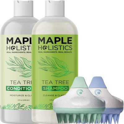 Tea Tree Shampoo and Conditoner with Scrubbers - Soft Silicone Scalp Massager and Scalp Exfoliators Made with Recycled Wheat Straw 2 Pack plus Sulfate Free Tea Tree Oil Shampoo and Conditioner 8oz