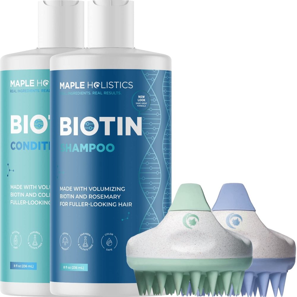Biotin Shampoo and Conditioner with Scrubbers - Hair Shampoo Brush and Scalp Exfoliators with Volumizing Shampoo and Conditioner Set made with Rosemary Essential Oil and Biotin for Thinning Hair 8oz