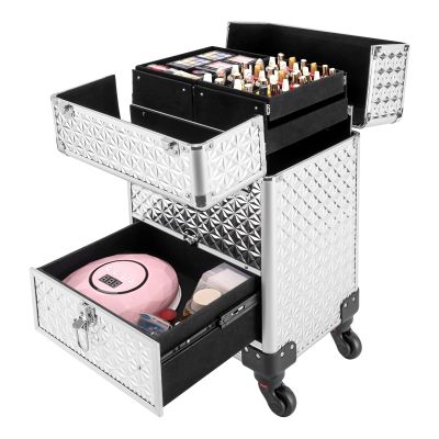 Rolling Makeup Case Cosmetic Train Cases with Drawer Rolling Makeup Cart Cosmetic Organizer 3 Tier Travel Case Salon Barber Case for Makeup Tattooist Nail Tech Hairstylists (Aluminum Alloy, Silver)
