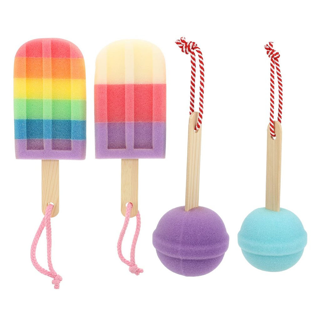 Uonlytech 4pcs Colorful Bath Sponge Unique Shape Bathing Sponge for Boys and Girls Gentle Exfoliating Shower Scrubber for Daily Use Bath