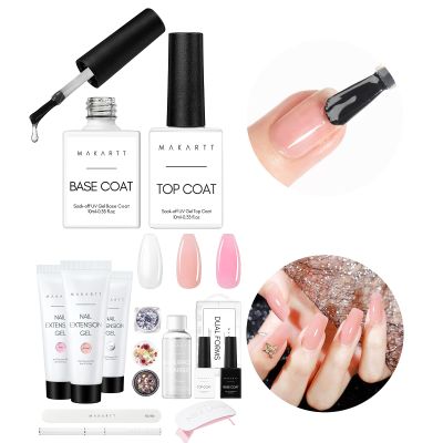 Makartt Poly Nail Extension Gel with Gel Top Coat Base Coat Kit Bundle, Soak off UV LED Gel Base and Top Coat, Poly Nail Extension Gel Kit with LED Lamp, Clear Pink Solution