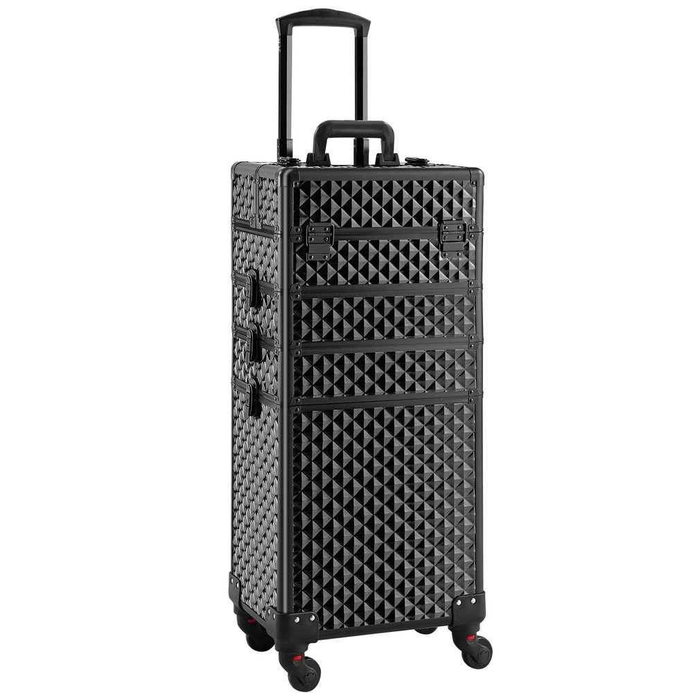 Somduy Rolling Makeup Case 4 in 1,Professional Makeup Train Case organizers,Large Storage Cosmetic case Trolley,Makeup Travel Case for Salon Barber Bright Black