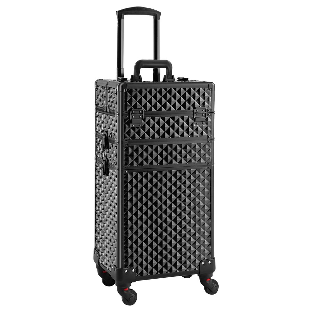 Somduy Rolling Makeup Case 3 in 1,Professional Makeup Train Case organizers,Large Storage Cosmetic case Trolley,Makeup Travel Case for Salon Barber Bright Black