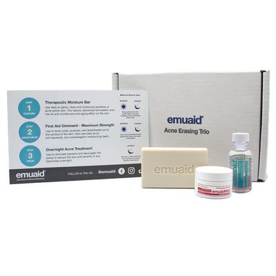 EMUAID Acne Erasing Trio - Therapeutic Moisture Bar, Overnight Acne Solution, EMUAIDMAX First Aid Ointment - Skincare Set Targets Cystic Acne, Clears Blackheads, Helps Improve Acne Scars & Blemishes