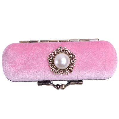 Alipis Vintage Lipstick Box with Mirror Compact Pink Velvet Lipstick Holder Case for Travel Makeup Organizer