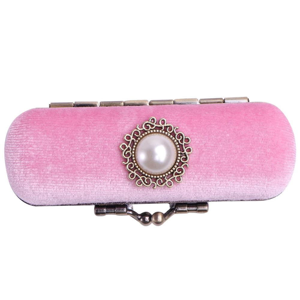 Alipis Vintage Lipstick Box with Mirror Compact Pink Velvet Lipstick Holder Case for Travel Makeup Organizer