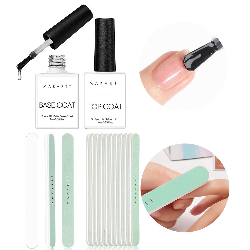 Makartt Nail Buffer Block with Gel Top Coat Base Coat Kit Bundle, Soak Off UV LED Gel Base and Top Coat, 10pcs Nail Buffer and Shine Kit Nail Shine Buffer for Natural Acrylic Nails
