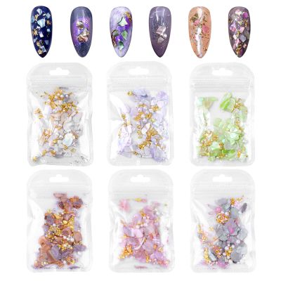 6pcs Nail Art Seashells Set, Colorful Glitter Seashell Irregular Fragments Nail Design Kit for DIY Nail Salon