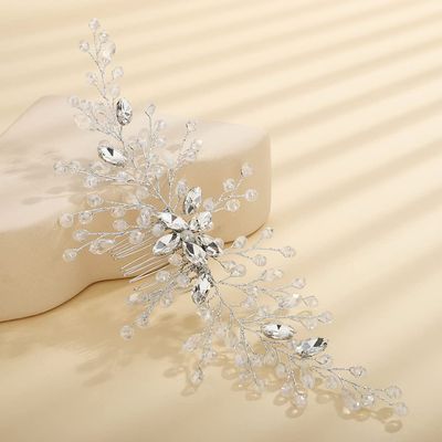 Teyglen Women Rhinestones Flower Bride Wedding Hair Comb Headband Handmade Hair Pieces Hair Accessories Shiny Crystals Bridal Side Hair Combs for Women Bride Girls (Silver)