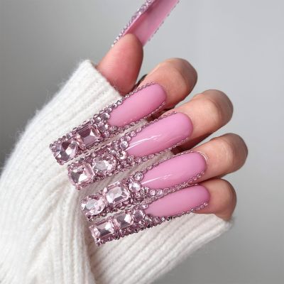FRUJCDKI 50mm Handmade Real Fake Nail Glue Series Luxury Rhinestone French Extra Long Pressed Fake Nails Long Coffin Fake Nails Ballerina Glue Nails, Shiny Female Sticker Nails (luxury rhinestone-M)