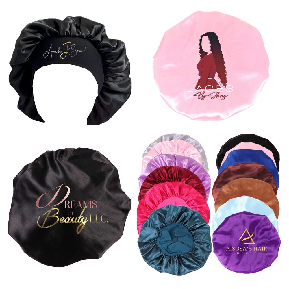 Customize Satin Bonnet Hair Care Silk Bonnet for Sleeping, 10 PCS Private Logo Bonnet Hair Wrap Cap for Black Women (Logo on Forehead and top, Blue)