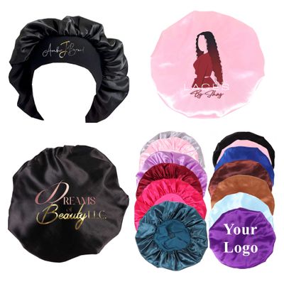 Customize Satin Bonnet Hair Care Silk Bonnet for Sleeping, 10 PCS Private Logo Bonnet Cap Hair Wrap Cap for Black Women (Logo on Forehead, Sliver)