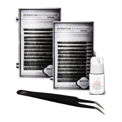 KC Republic Eyebrow Extensions Kit with 2 Trays of Mink False Eyebrows in Black, Eyebrow Extension Glue Clear & Extension Tweezers, Comes on Mixed Length Trays 5-8 mm Mix (Black 2-Pack Tray, Tweezer)