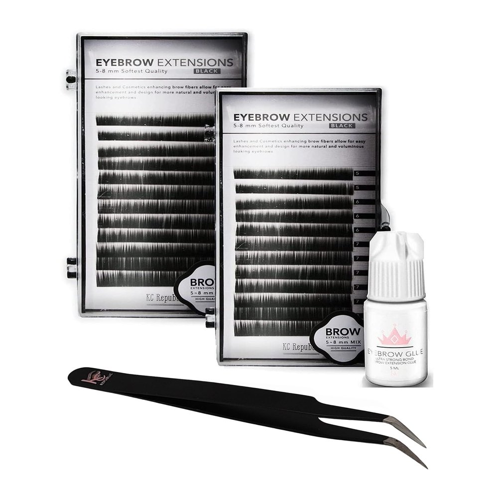 KC Republic Eyebrow Extensions Kit with 2 Trays of Mink False Eyebrows in Black, Eyebrow Extension Glue Clear & Extension Tweezers, Comes on Mixed Length Trays 5-8 mm Mix (Black 2-Pack Tray, Tweezer)