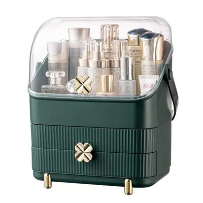 Large Makeup Organizer with Brush Holder,Cosmetic Display Case with Drawer,Waterproof and Dustproof Transparent Cover,Portable Handle,Suitable for Bathroom and Bedroom (Color : Green, Size : Style-1