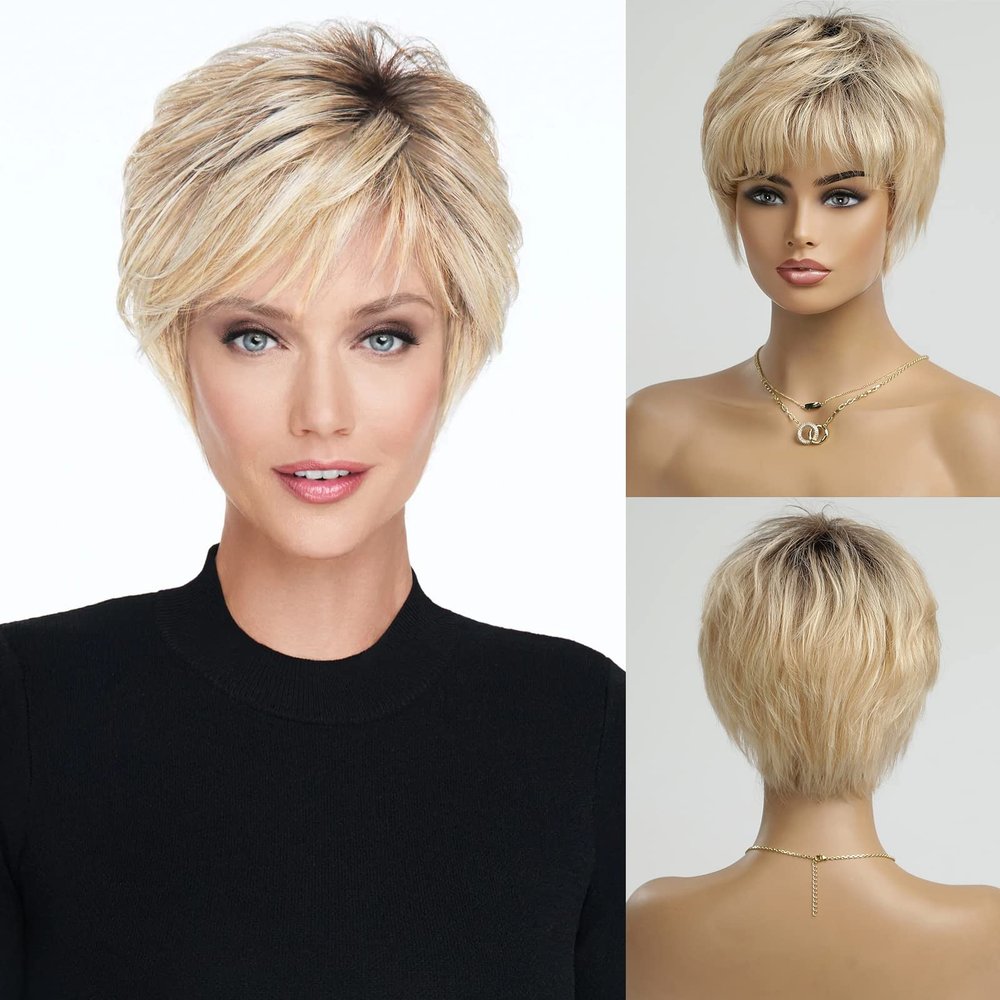 HAIRCUBE Short Ombre Blonde 100% Human Hair Wigs for Women,Pixie Cut Curly Wig With Bang Glueless Wigs Natural Daily Use
