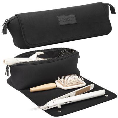 BAREFOOT CARIBOU Hair Tools Travel Bag and Heat Resistant Mat for Flat Irons, Straighteners, Curling Iron, and Haircare Accessories, 2-in-1 design, with Interior Pockets, Portable Organizer (Black)