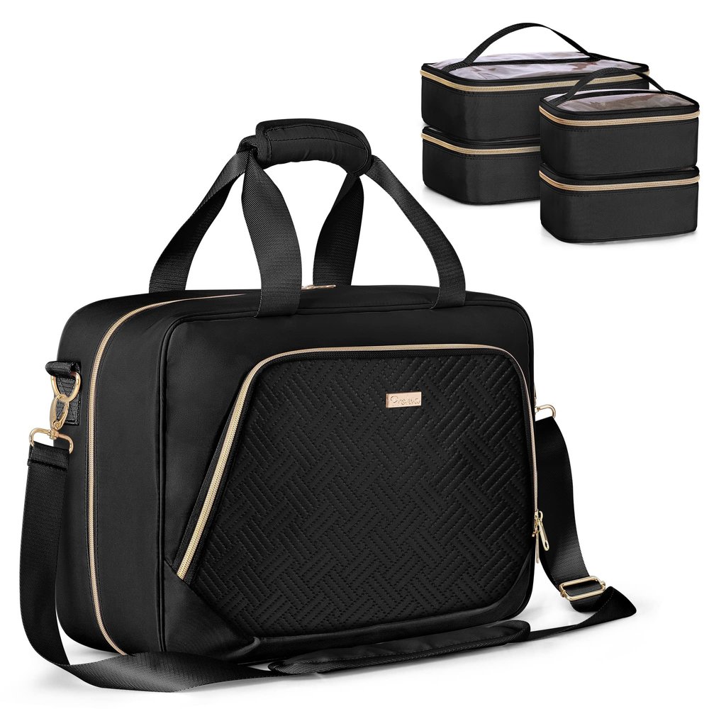 Prokva Professional Makeup Artist Travel Case with 4 Detachable Cosmetic Bags, Large Make up Organizer Bag with Makeup Kit Storage Section and Hair Tools Pocket, Black (Empty Bag Only)