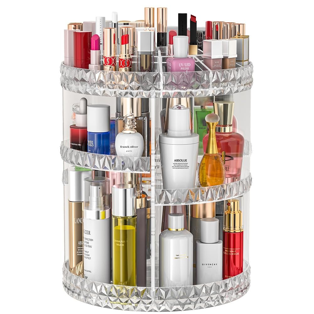Famitree 360 Rotating Makeup Organizer, DIY Adjustable Makeup Carousel Spinning Holder Storage Rack, Large Capacity Vanity Organizer Skincare Organizers (Clear)