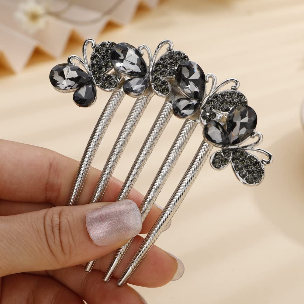 Missgrace Boho Party Blue Bride Wedding Prom Sparkling Butterfly Side Hair Comb Crystal Rhinestones Flower Hair Comb Clips Bridal Hair Accessories Hair Piece for Women (Gray)