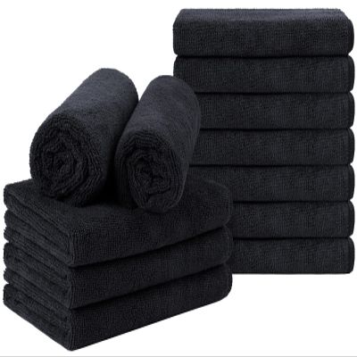 Orighty Black Salon Towel, Pack of 12 (Not Bleach Proof, 16 x 29 Inches) Super Soft and Absorbent Microfiber Hair Salon Towels for Salon, Hand, Gym, Bath, Spa and Home Hair Care