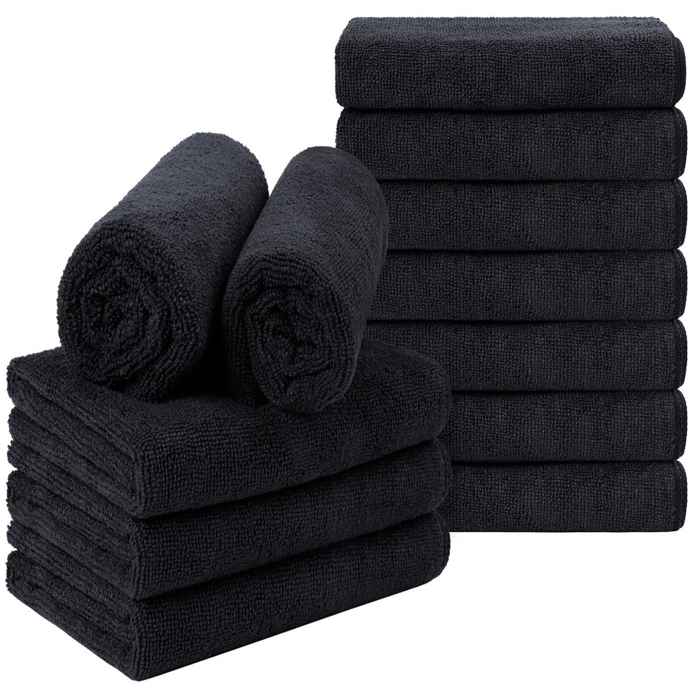 Orighty Black Salon Towel, Pack of 12 (Not Bleach Proof, 16 x 29 Inches) Super Soft and Absorbent Microfiber Hair Salon Towels for Salon, Hand, Gym, Bath, Spa and Home Hair Care