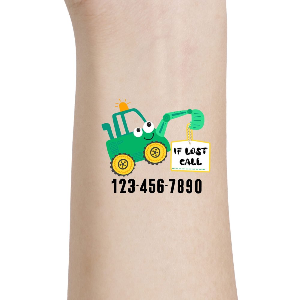 Custom Tattoos for Children,Emergency Contact for Kids Safety Stickers with Phone Number Excavator 22 inches 15pcs