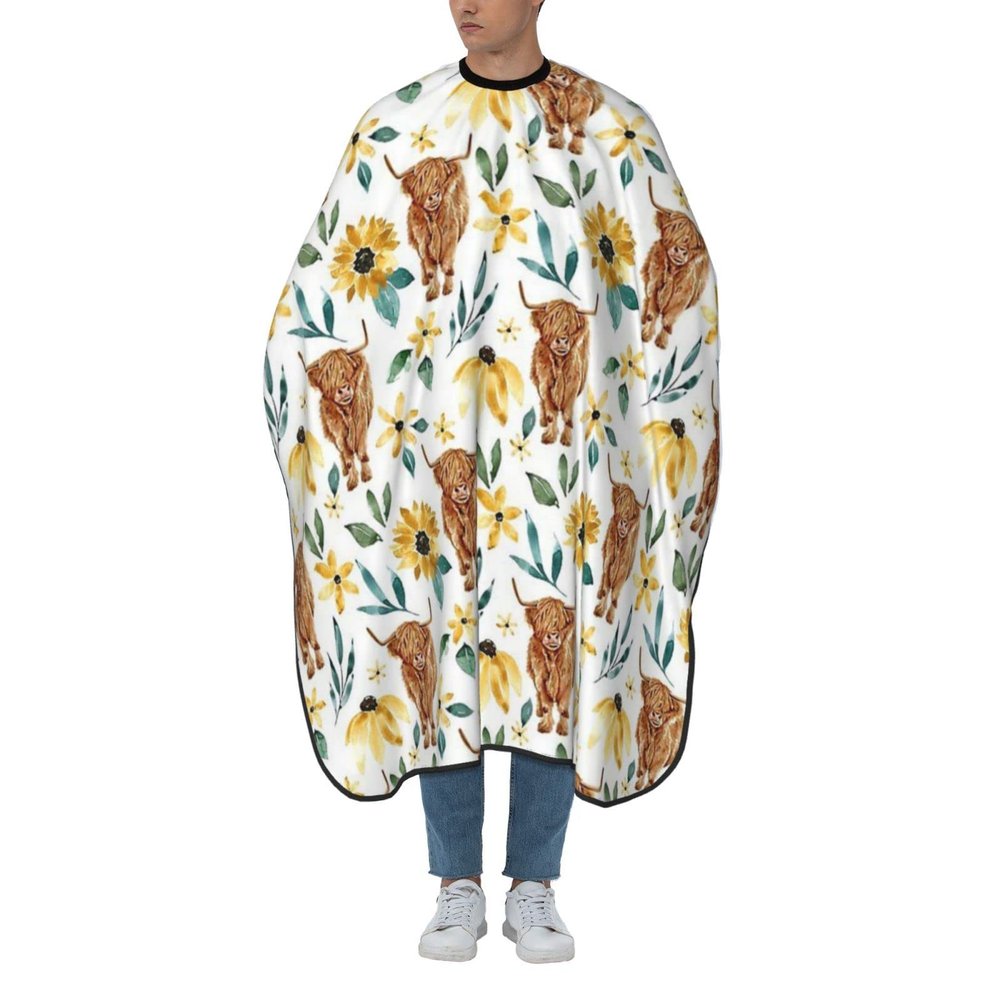 BZAXXQI Highland Cow And Sunflowers Wildflowers Hair Cutting Cape,Barber Cape Unisex Hair Cutting Cape Hair Cutting Accessories 66x55 Inch