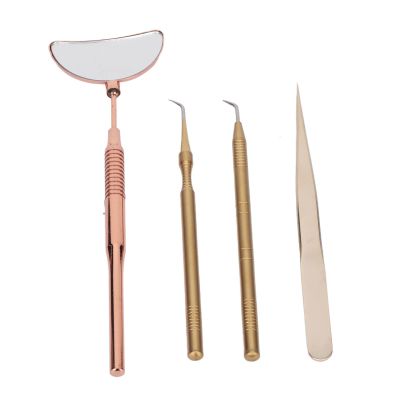 4PCS Eyelash Extension Tweezers Mirror Set, Eyelash Art Tool Kit, Stainless Steel Universal Rotatable Anti Slip Handle Eyelash Tool for Lash Extension (Rose Gold)