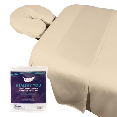 Healthy You Microfiber Massage Spa Table Sheets 3pc Set - Wrinkle-Resistant, Includes Flat, Fitted Sheet and Massage Face Rest Cover (Natural)